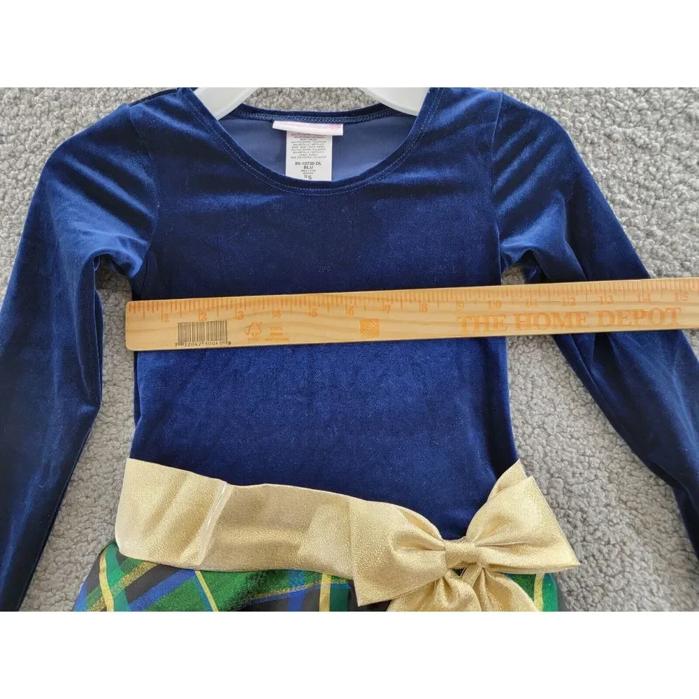 BONNIE JEAN Long Sleeved Velvet Bodice Dress Girl's 5 Navy/ Green w/ Bow - Picture 5 of 15